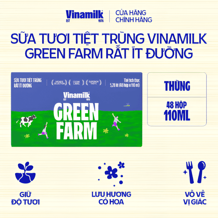 Sữa tươi Tiệt Trùng Vinamilk Green Farm rất ít đường