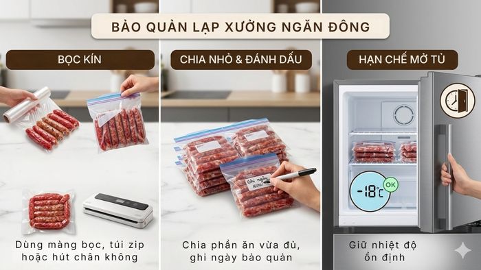 Mẹo bảo quản lạp xưởng trong tủ lạnh để giữ trọn vị ngon: bảo quản trong ngăn đông