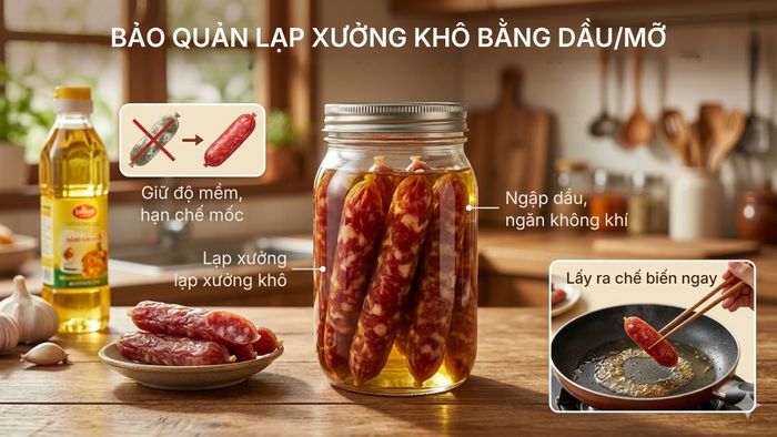Mẹo bảo quản lạp xưởng trong tủ lạnh để giữ trọn vị ngon: bảo quản bằng dầu/mỡ